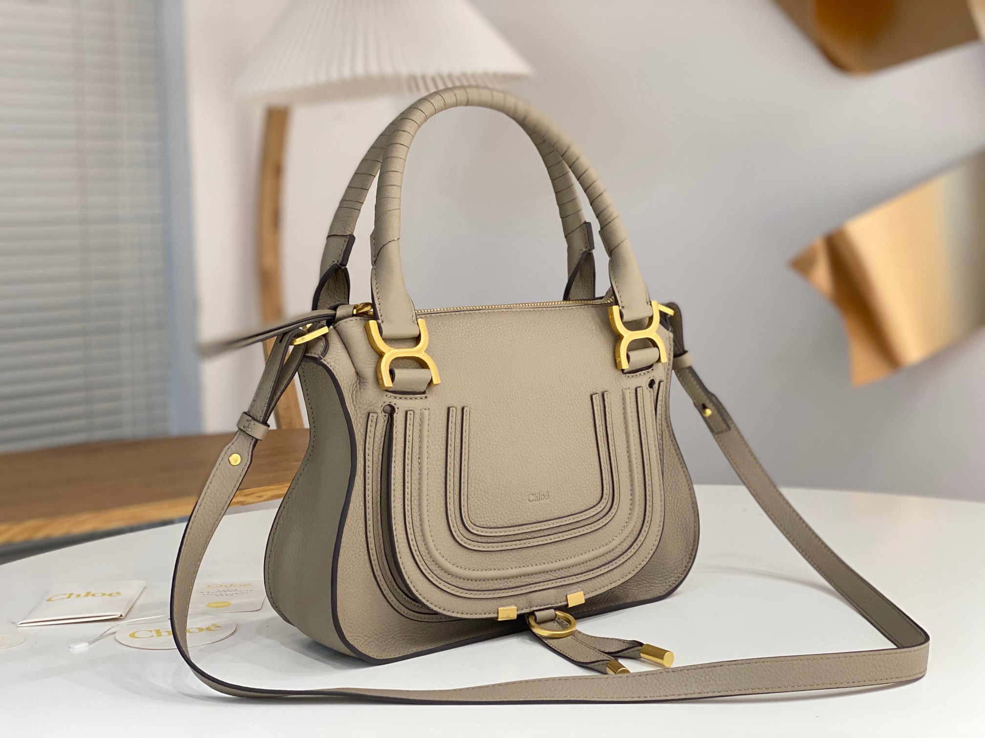 Chloe Small Marcie Bag In Grey Grained Leather